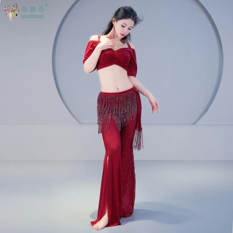 Tenue de danse du ventre à franges pour femmes, 3 pièces, Costume de danse orientale, équipe de base, strass scintillants, pantalons longs, haut en gaze, nouvelle collection