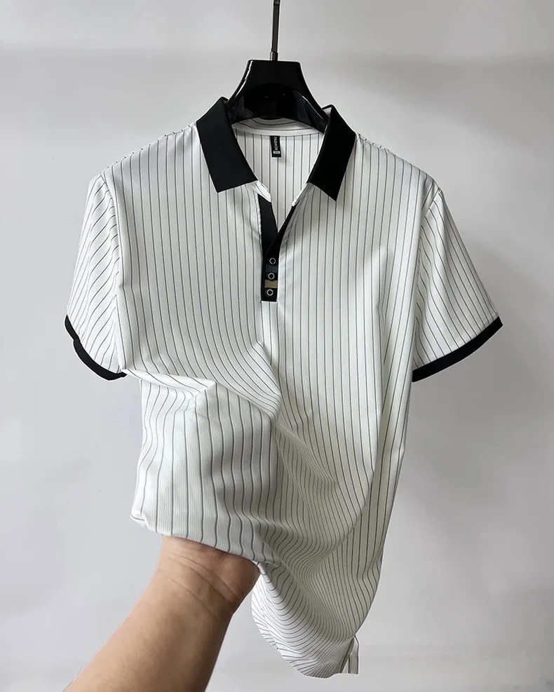 

High end brand ice silk vertical stripe short sleeve POLO shirt men summer fashion business leisure T-shirt comfortable cool top