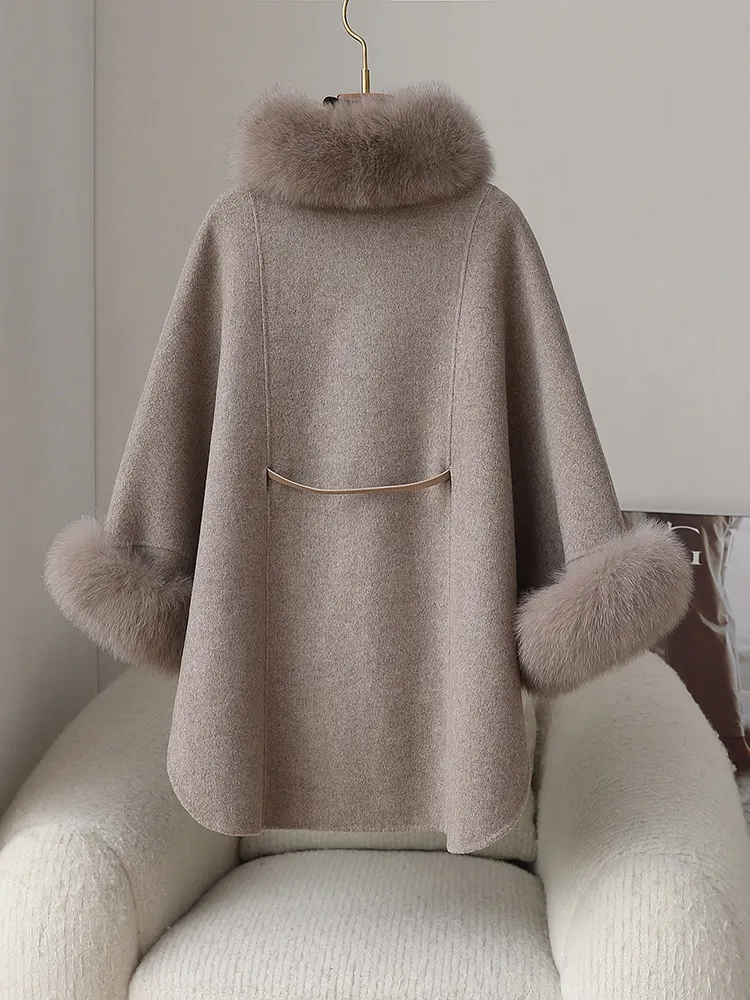 High-end socialite, fox fur collar, fur, double-sided wool woolen cape, shawl, coat, young woman, winter
