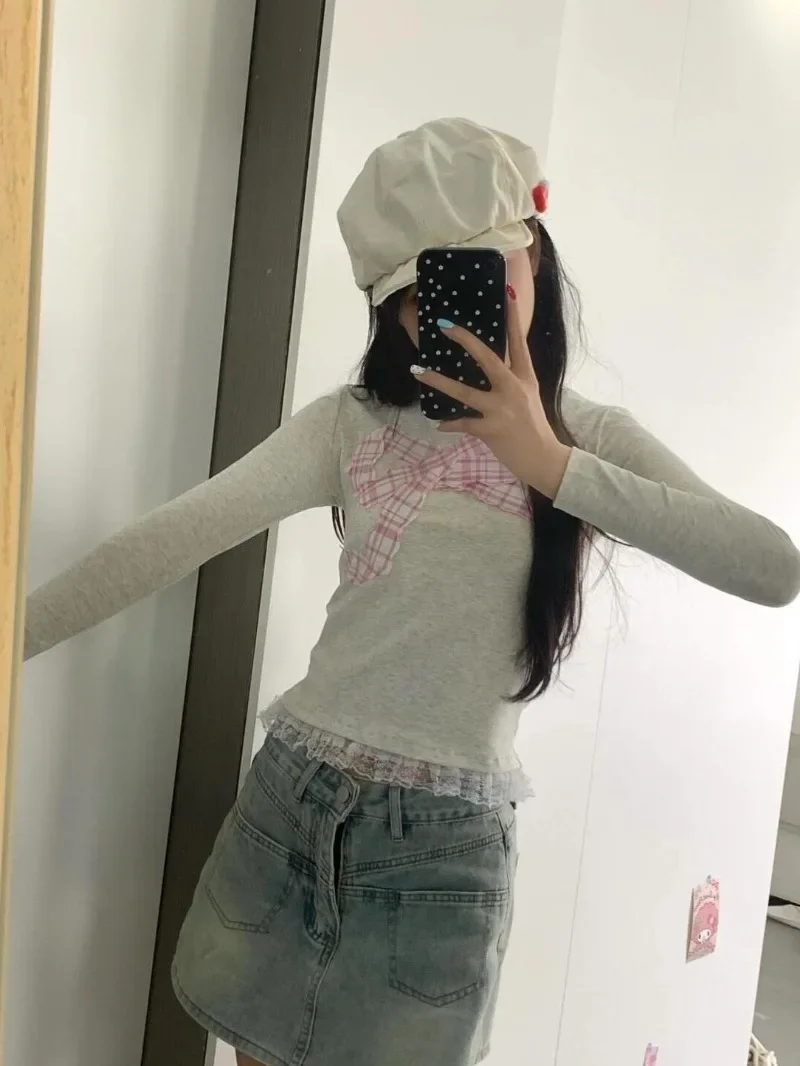 Bow Print Crop Tops Wome Camisetas Sweet Lace Patchwork Gray O Neck Tshirts Japanese Vintage Y2k Tees Aesthetic Slim Fit