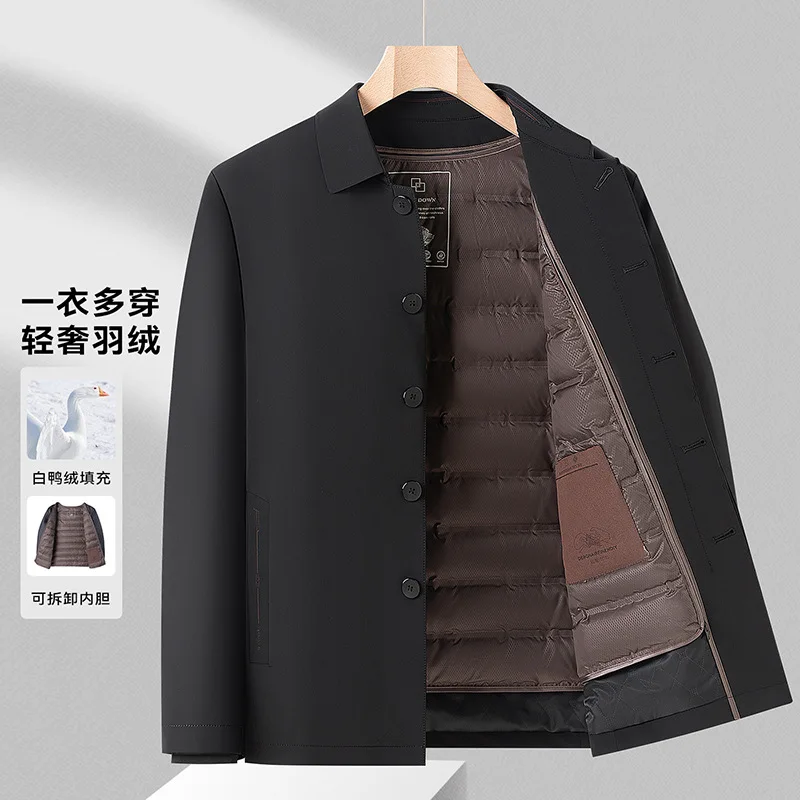 

2 IN 1 with Detachable Liner Winter Duck Down Coat Men Business Button Turn Down Collar Down Jackets For Middle Aged Dad JK-190