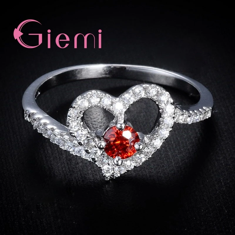 

Luxury Pure 925 Sterling Silver Red Heart Cubic Zircon Crystal Finger Rings for Women Girls Wedding Party Fashion Jewelry Gifts