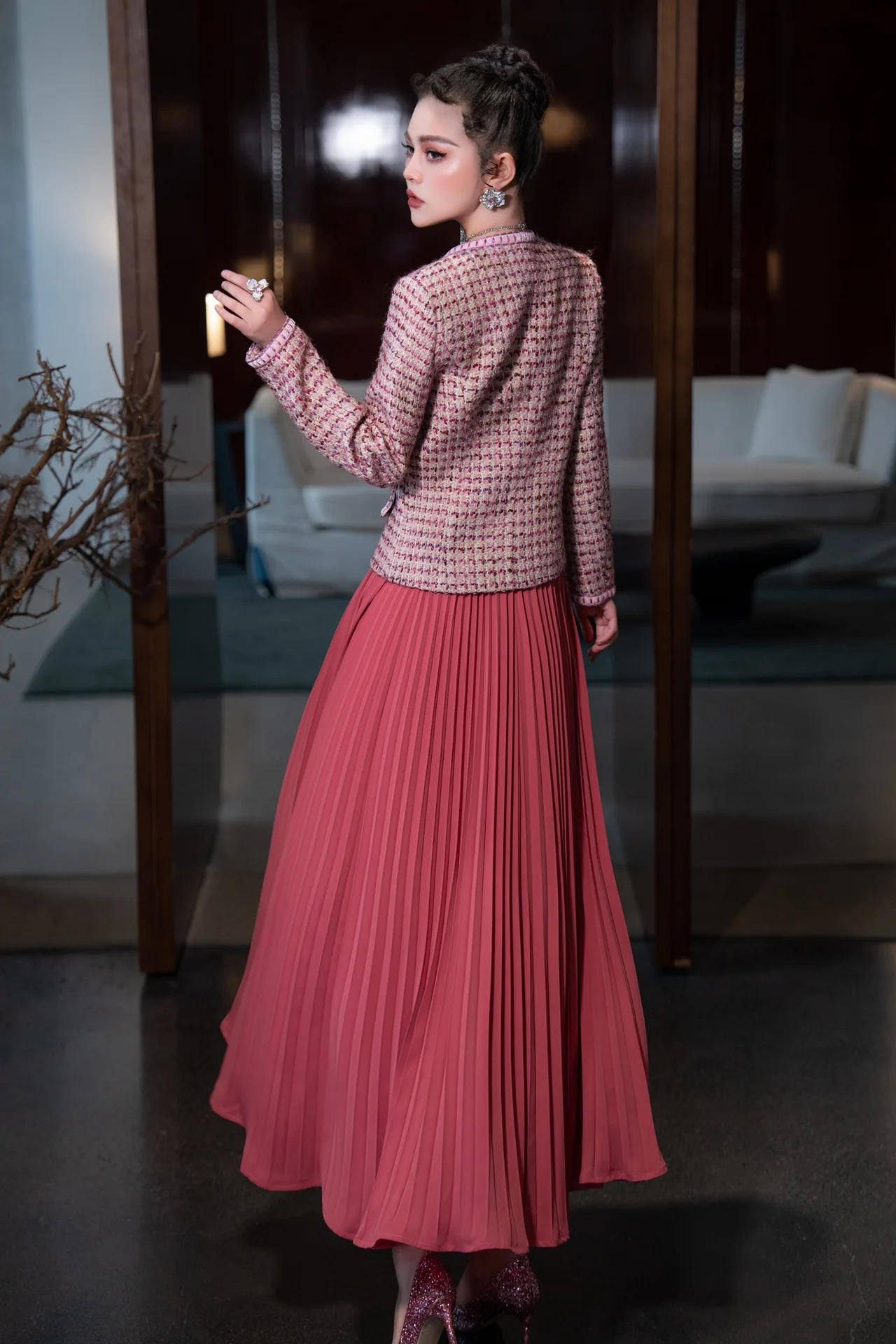 ZJYT Designer Elegant Party Long Dress Sets 2 Pieces Womens Outfit 2024 Winter Long Sleeve Tweed Jacket Pleated Maxi Skirt Suit