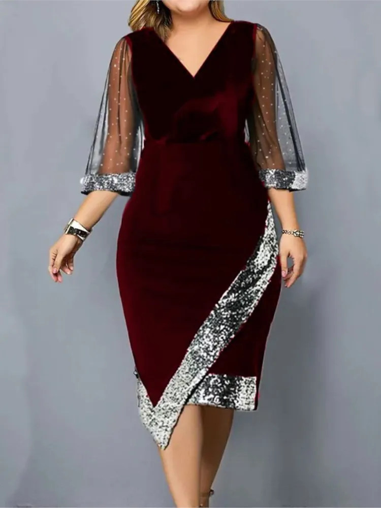 

Spring Summer Women's Clothing New Fashion Gold Velvet Irregular Sequin See Through Mesh Women's Five Quarter Sleeve Dress