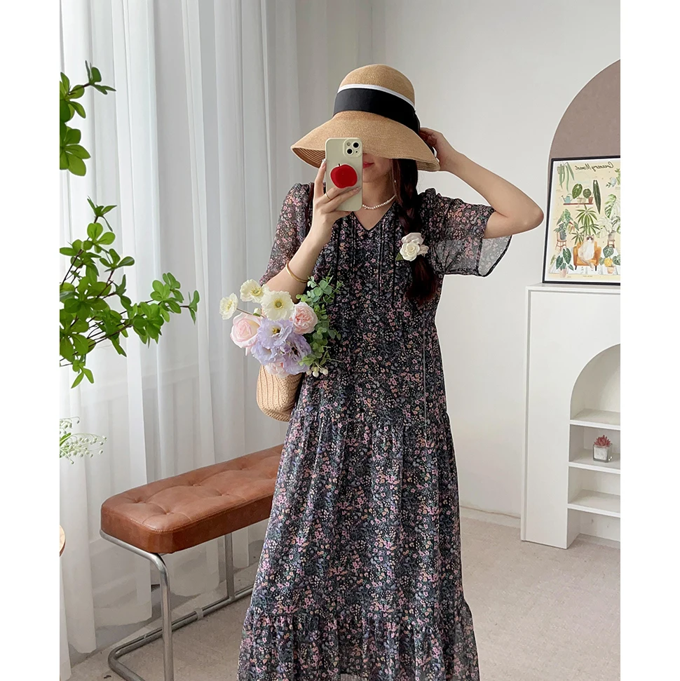 우아한 플로럴 프린트 맥시 드레스 V넥 버블 슬리브 가벼운 드리프팅 아일랜드 스타일 여름 가을 여성 드레스 여행 친화적