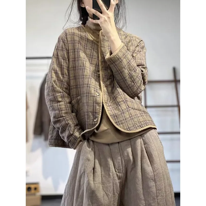 

Художественная клетчатая бейсбольная куртка в стиле ретро, женская осенне-зимняя повседневная льняная хлопковая куртка, модное пальто на одной пуговице для поездок на работу...