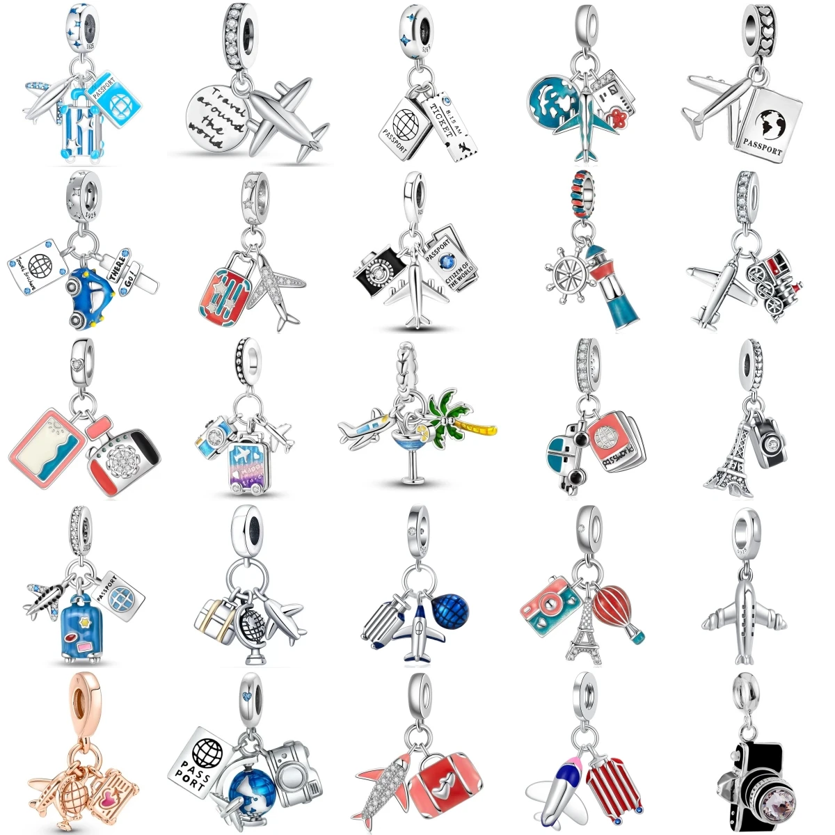 925 Sterling Silver Travel Airplane Charm Beads Luggage Passport Globe Camera Eiffel Tower Jewelry Gift For Women