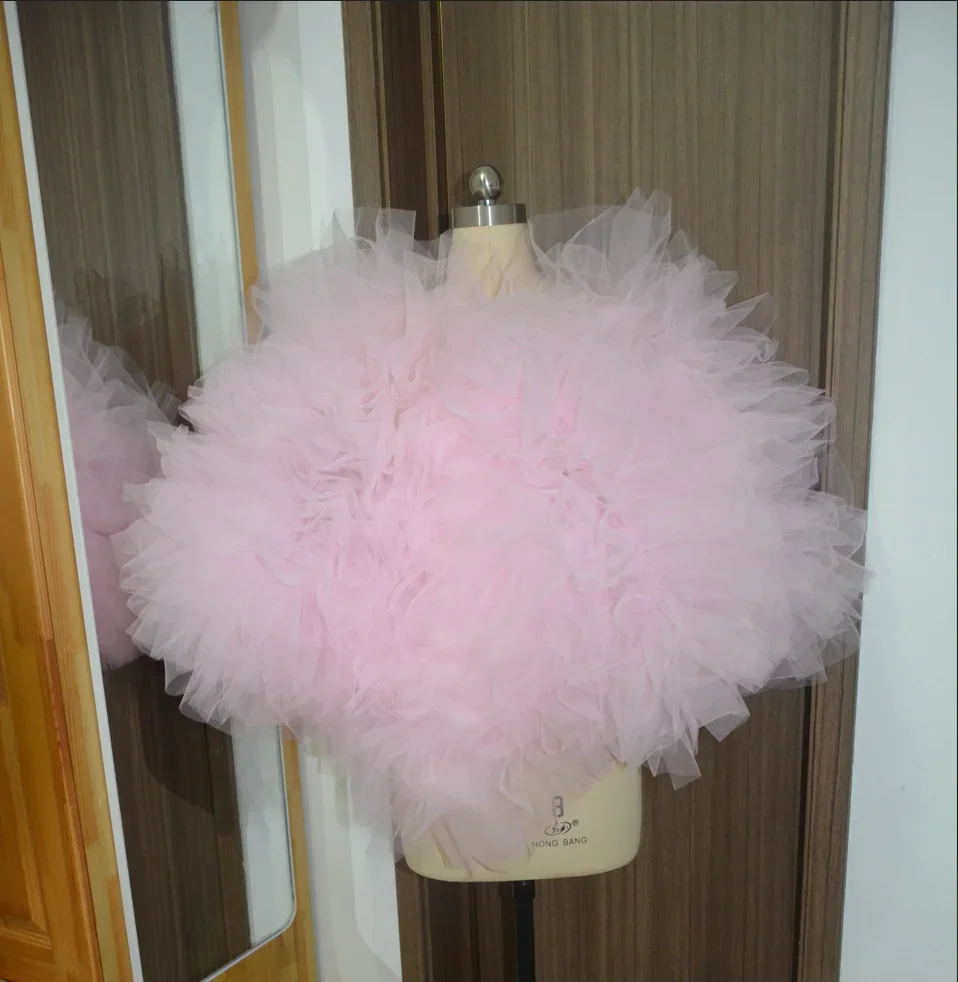 Lindo Pink Tulle Boa Blusa para Mulheres, Top Girl, Chic Lush, Party Club Wear, Jaqueta Ruffle Personalizada, Moda