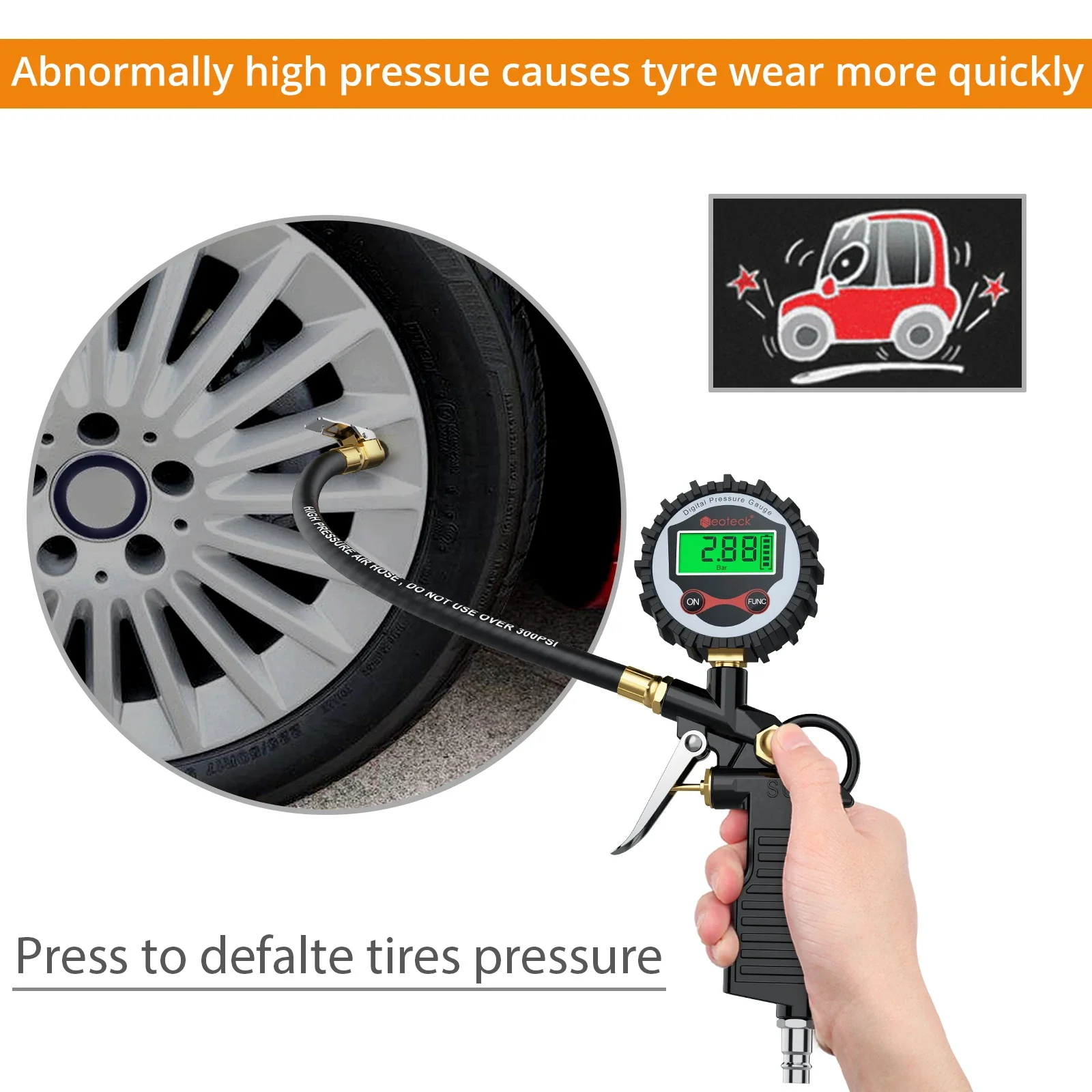 Neoteck 0-200PSI Digital Tire Pressure Gauge LCD Tire Inflator Gauge Vehicle Monitor With 5pcs Rubber Hose Valve Caps For Tires