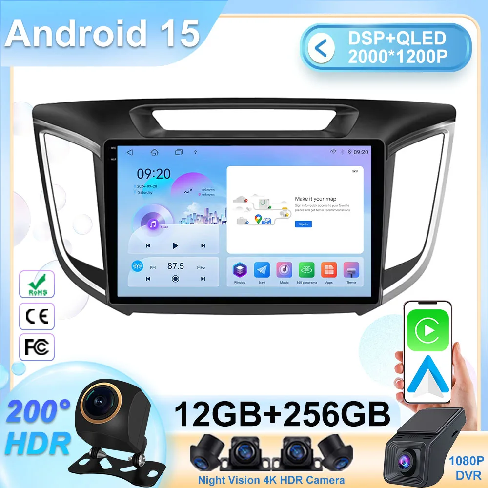 

Android 15 For Hyundai Creta IX25 2015 - 2019 Car Radio Navigation GPS Multimedia Player Stereo WiFi+4G Carplay Auto BT DSP QLED