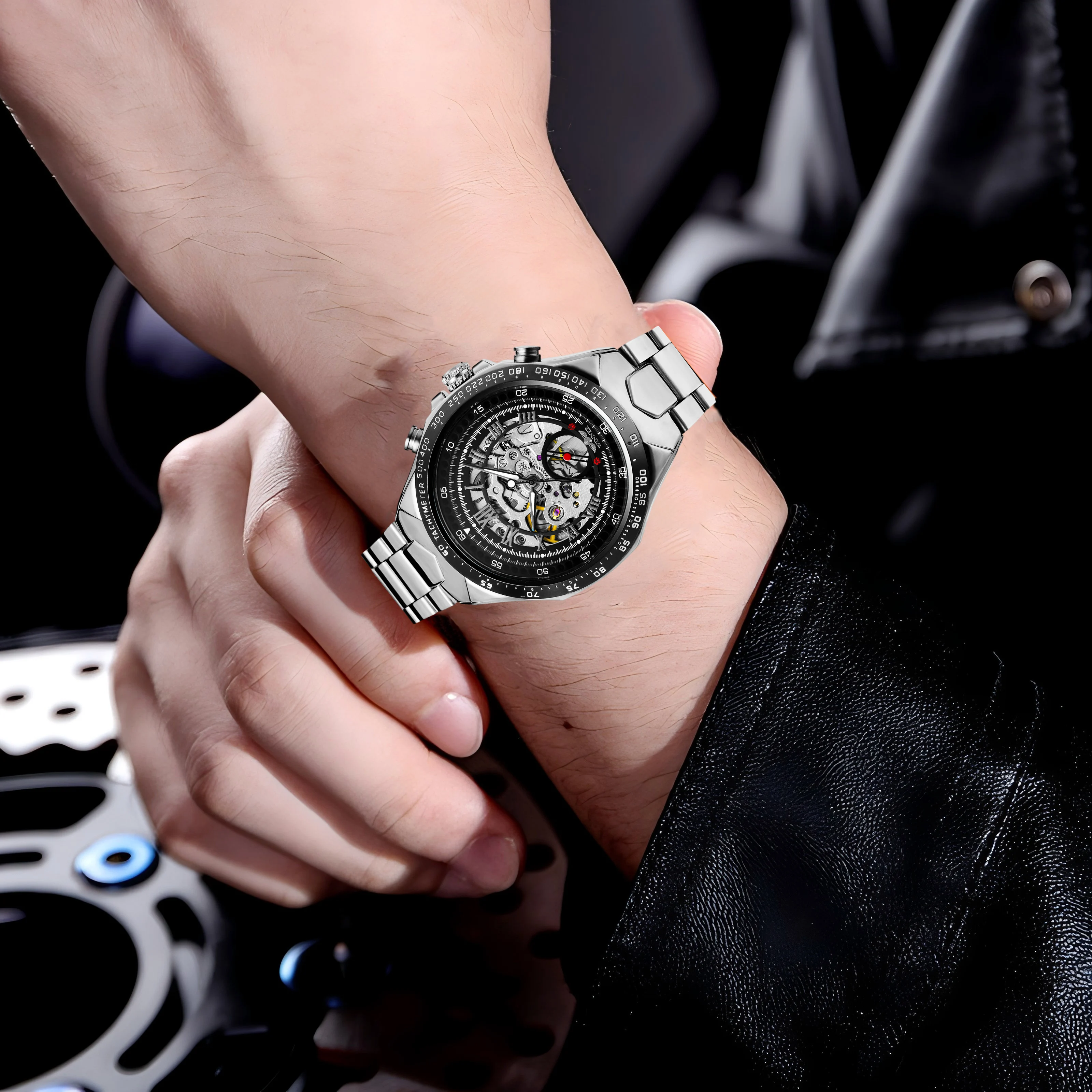 T-WINNER Business Men's Automatic Skeleton Mechanical Watch Stainless Steel Retro Silvery Black Hollow Dial Man Sport Wristwatch