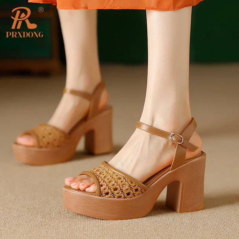 PRXDONG New Classics Genuine Leather Chunky HIgh Heels Platform Shoes Summer Sandals Brown Beige Dress Party Casual Lady Shoes