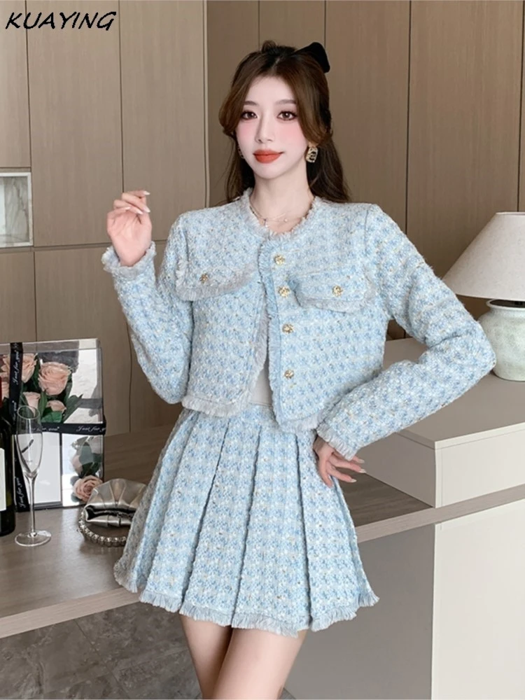 

Fall Women Elegant Chic Skirts Suit Long Sleeve Crop Jackets Mini Skirts Two Pieces Set female Vintage Party Outfits Clothes