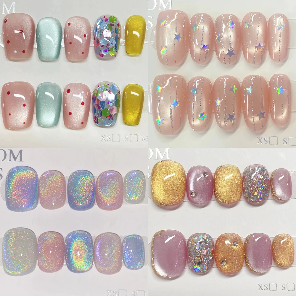 Beauty Colorful Short Square Round Detachable Manicure Kawaii Cat Eyes Glitter Sequins Rhinestone Handmade Full Cover Nail Tips