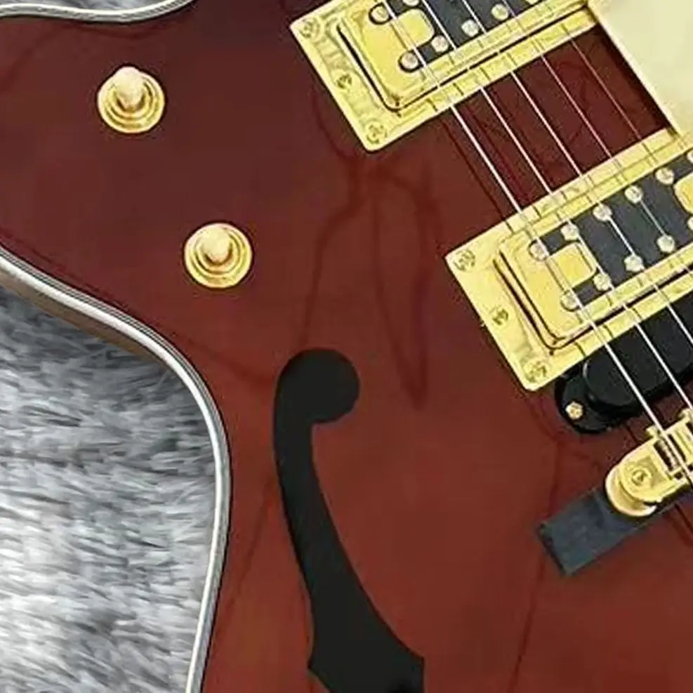 

Custom 6 Strings Wine Red Jazz Electric Guitar, Semi-hollow-out Guitar without Holes, F Hole Print, Gold Hardware