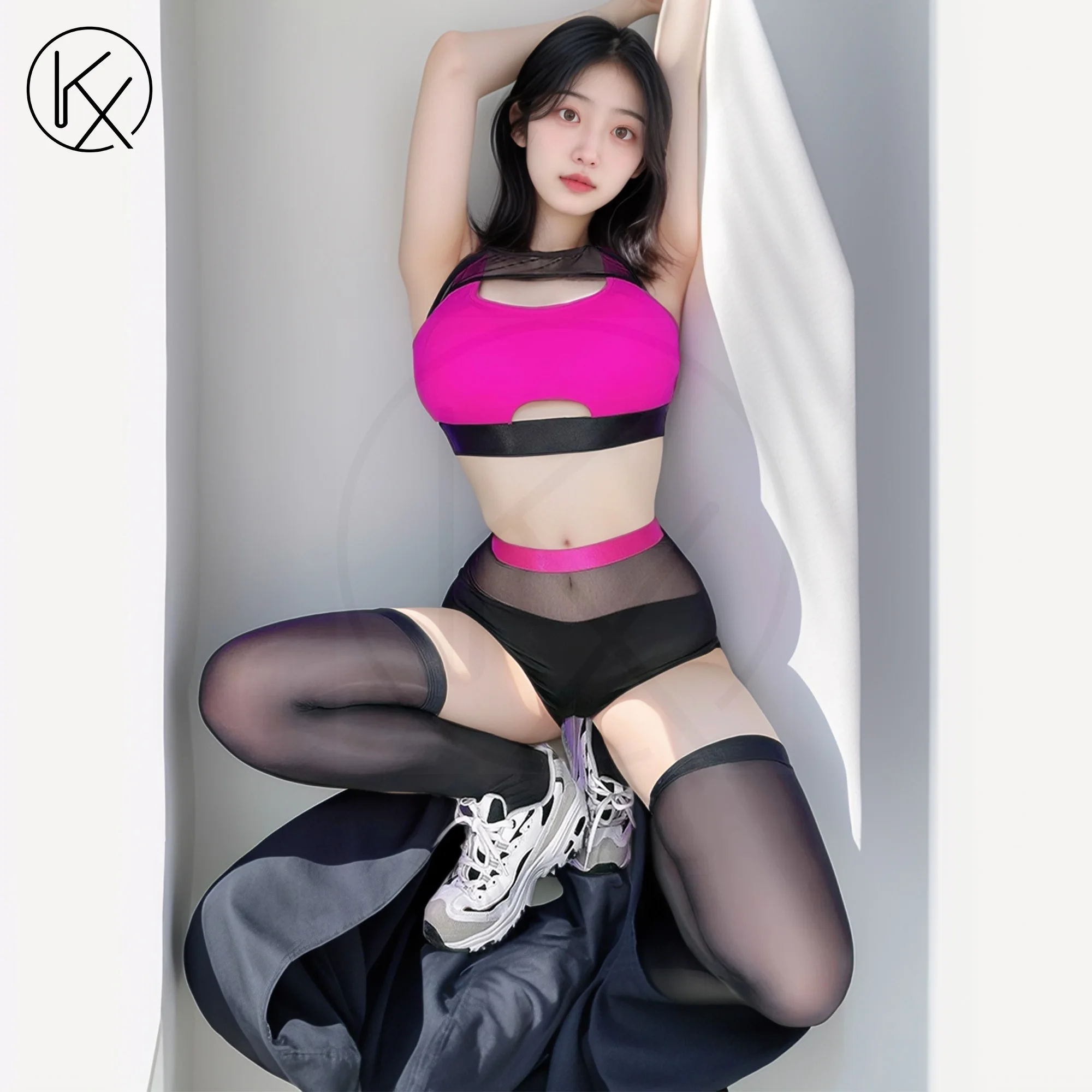 

kaixiggmm Yoga swimsuit two-piece set sexy black vest set transparent mesh stitching fitness cute short role-playing sportswear