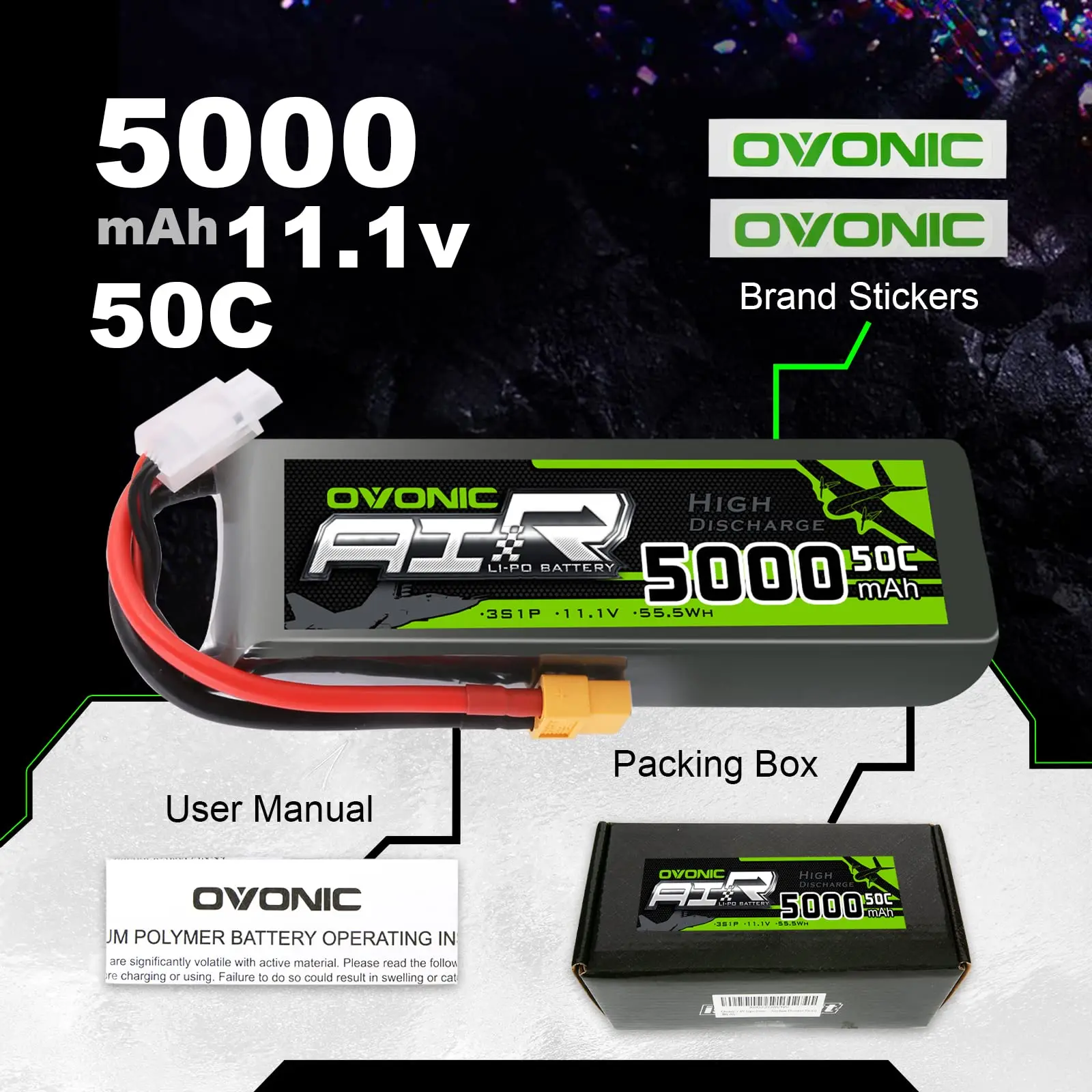 Batería LiPo OVONIC 3S 11.1V 5200mAh 120C Con Conector Deans T, Para Coches Y Aviones RC, Pack De 2 Unidades