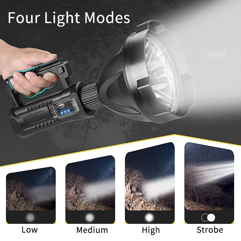 Flashlight Searchlight Handheld Lamp Big Head Strong Light USB Charge Outdoor Waterproof Long Range Multi functional Flashlight
