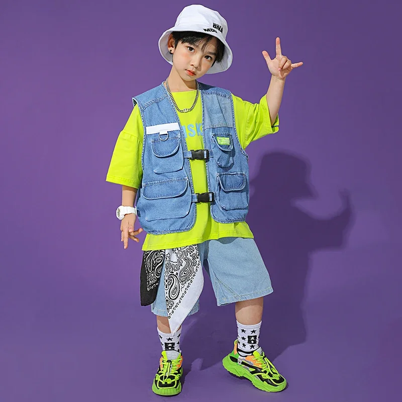 Street Dance Costume Girls HipHop Outfits Kids Stage Wear Hip Hop Dance Clothes 2021 New Cowboy Series Denim Vest Shorts