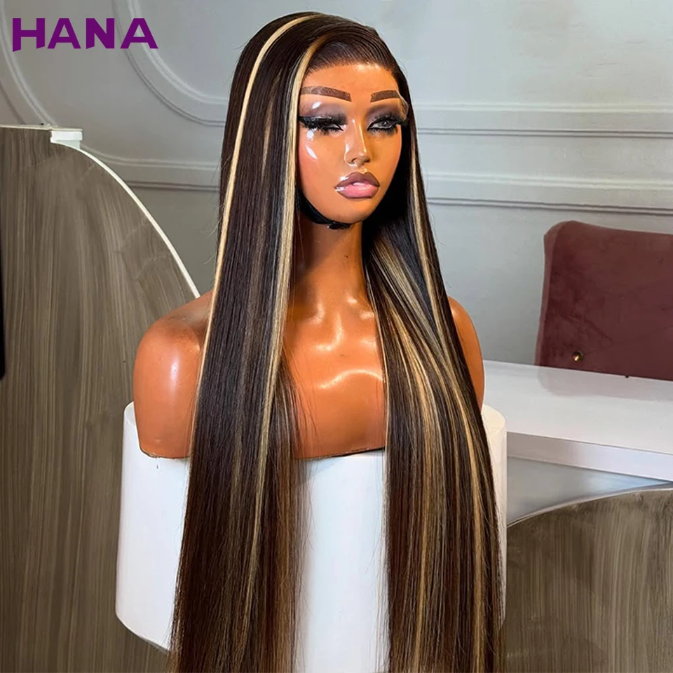 

Highlight Brown Blonde Color Transparent Lace 13x4 13x6Lace Frontal Wig PrePlucked Remy 5x7 Lace Closure Human Hair Wig Straight