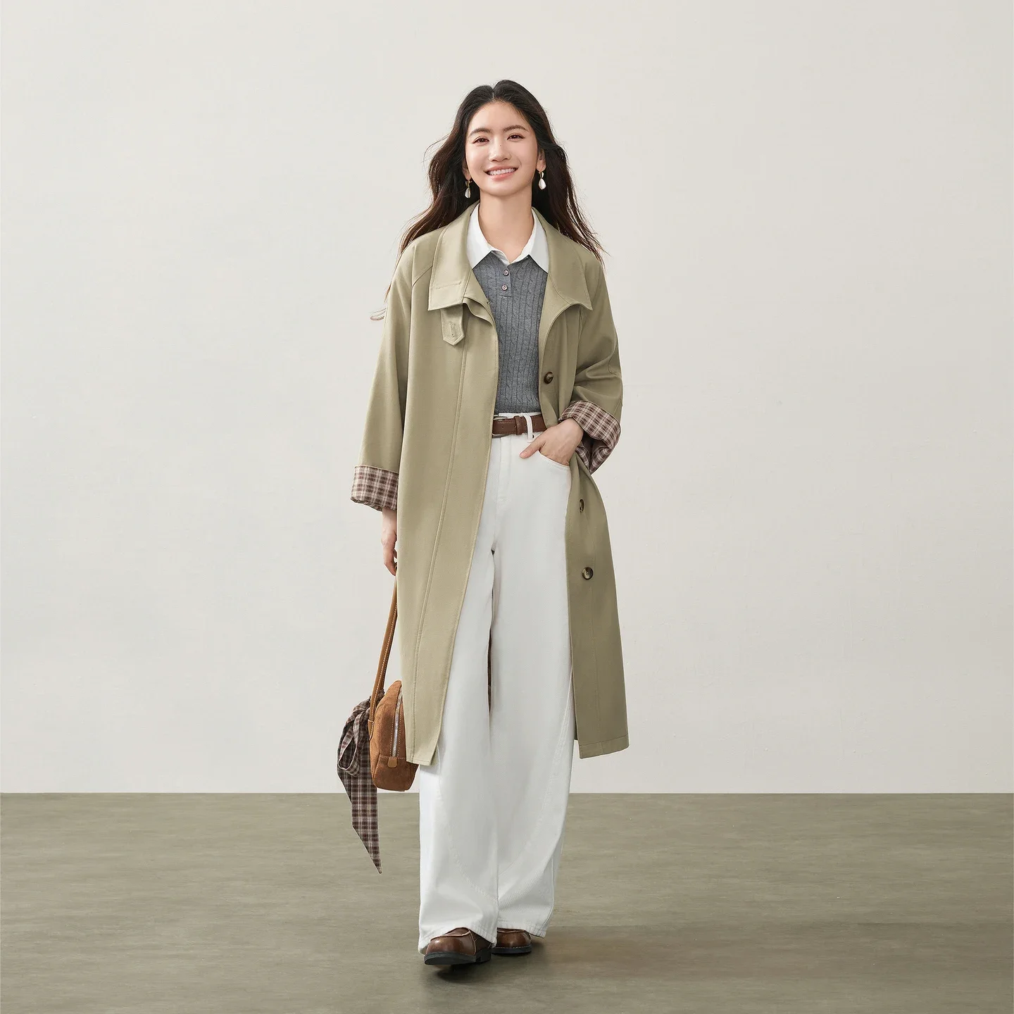 SENTUBILA Women's Croissant Trench Coat 2026 Fall Color Block Casual Outerwear Detachable Waist Belt Commute Jacket 163FA7769