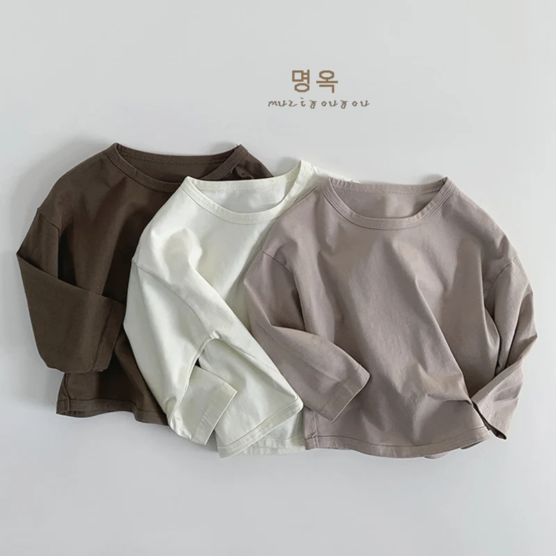 

Новинка 2023 года, весенний пуловер для маленьких девочек и мальчиков, топы с длинными рукавами, хлопковая повседневная однотонная детская футболка для детей от 1 до 6 лет, детская одежда