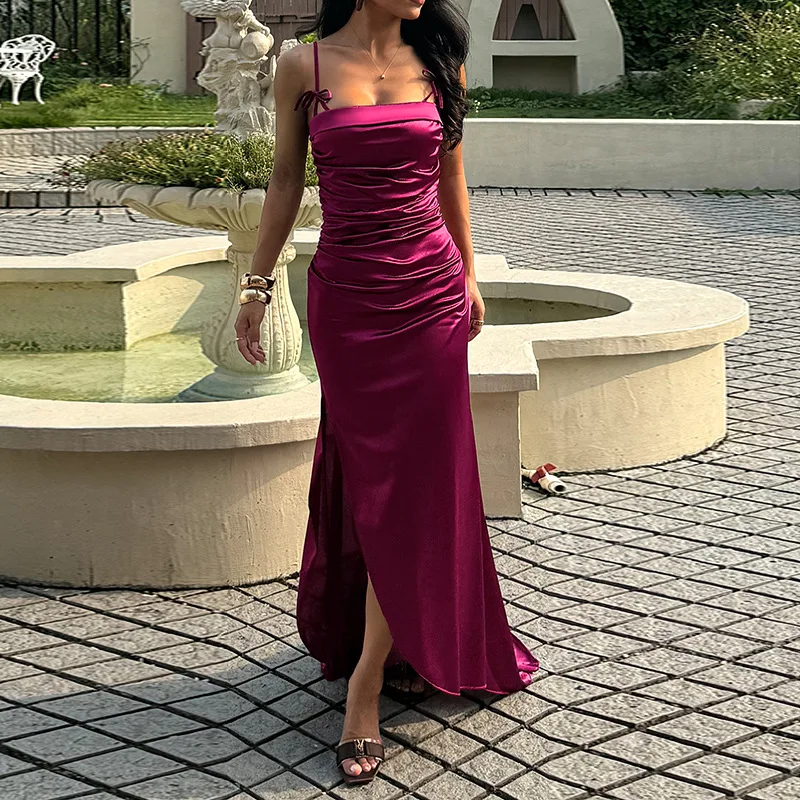 

Women's Pink Satin Corset Maxi Dress with Bow Straps and A-Line Skirt - Elegant Sexy Party Gown New Arrival In Stock​