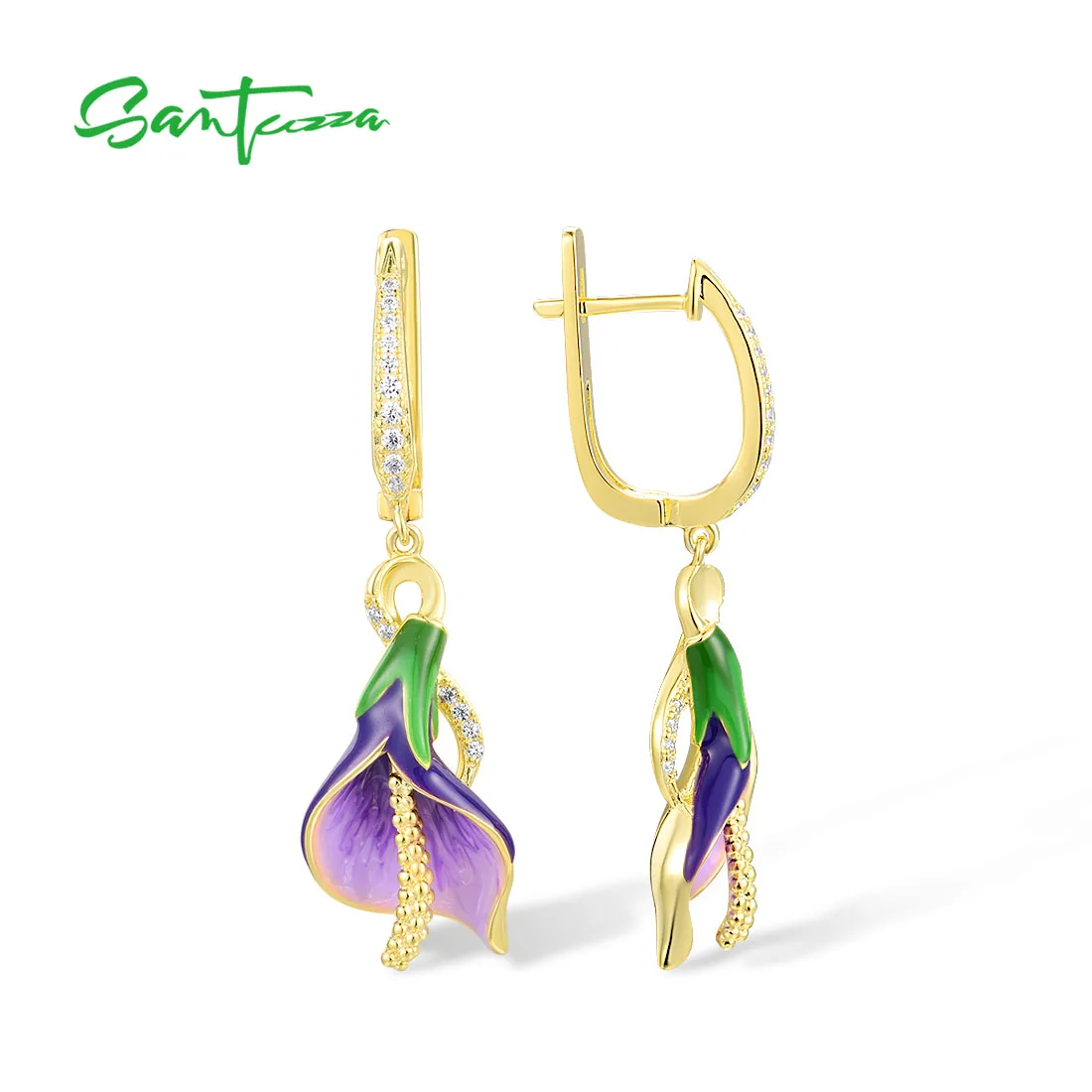 SANTUZZA 925 Sterling Silver Dangling Earrings For Women Sparkling White Cubic Zirconia Purple Tulip Fine Elegant Jewelry Enamel