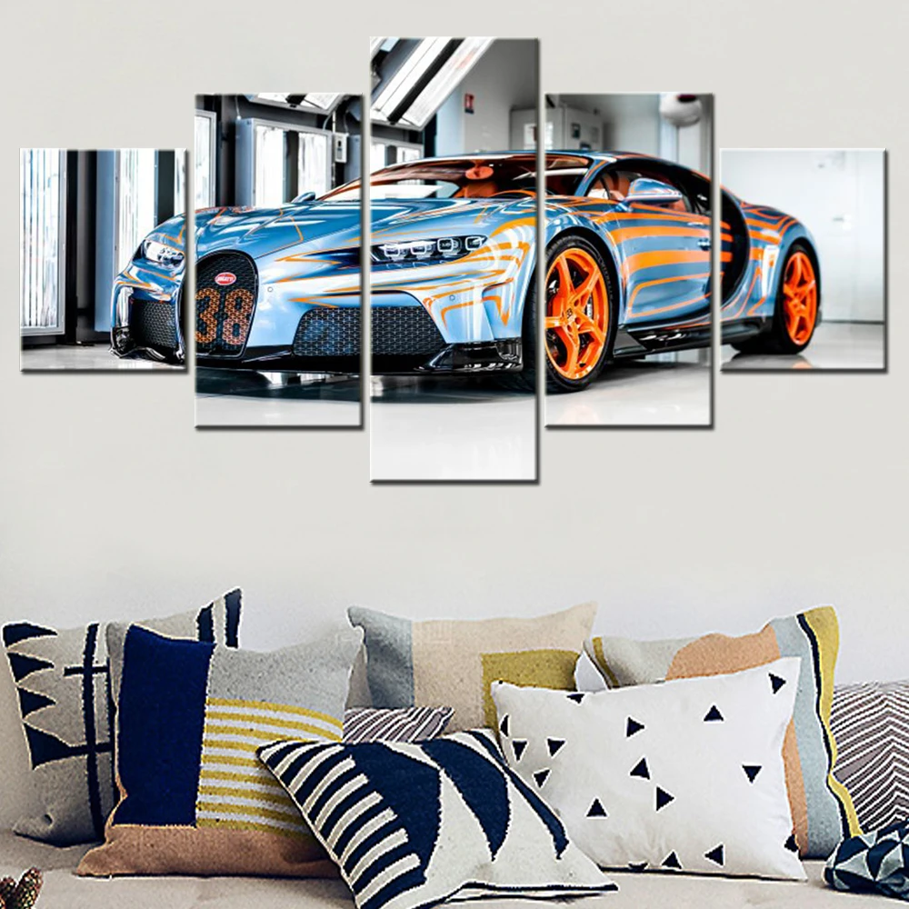 5 Pieces Canvas Art Cars Poster Chiron Super Sport Vague De Lumière Wallpaper Living Room Picture Print Home Decor Mural