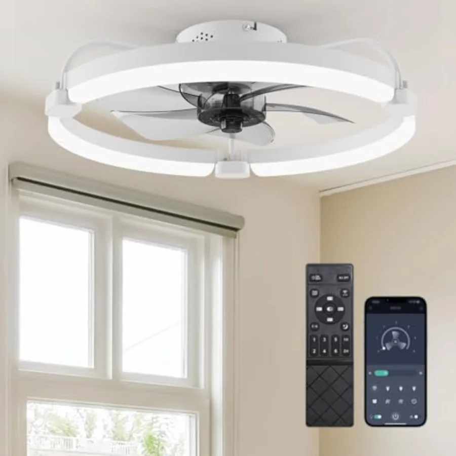 

Bedroom ceiling fan with light and remote: 20 low profile flush mount, white, quiet reversible DC motor, 6-speed, 3CCT, dimmabl