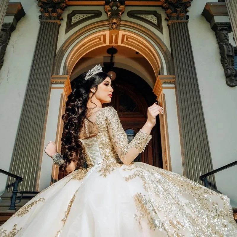 Champange Quinceanera Dresses Ball Gown Long Sleeves Appliques Pearls Sweet 16 Dresses 15 Años Mexican