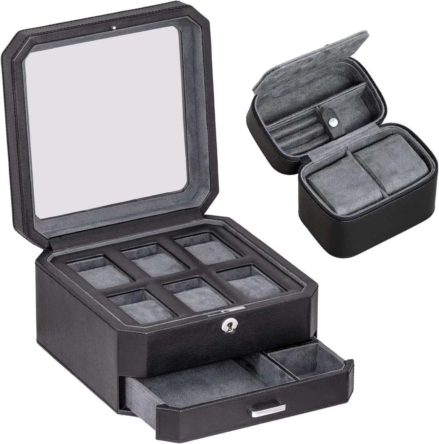 Gift Set 6 Slot Leather Watch Box and 2 Watch Travel Case - Luxury Case Organizer, Microsuede Liner, Locking Mens Jewelry Watche