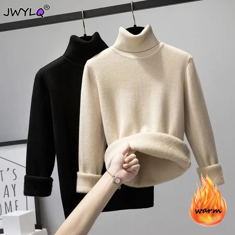 

New Winter Thicken Turtleneck Sweater Women Oversized Plus Velvet Sueter Warm Knit Tops Lined Slim Soft Basic Knitwears Pullover