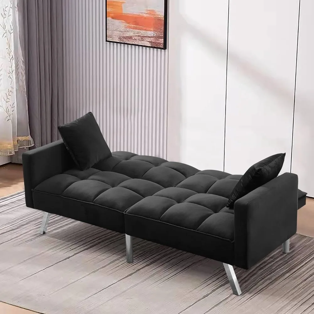 Futon Sofa Bed 74" Modern Convertible Folding Lounge Couch Loveseat Daybed Upholstered Sofá with 2 Pillows Living Room Bedroom