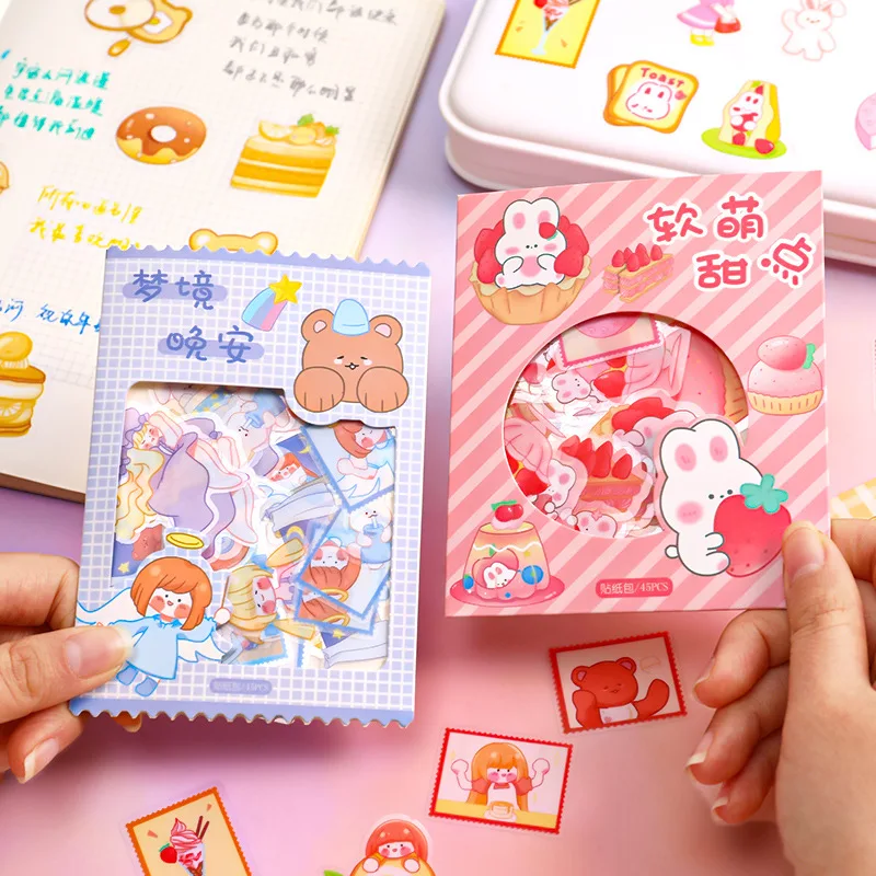 45pcs/Pack Kawaii Stickers Cartoon Foods & Animals Decorative Stickers for Diary Journal Scrapbooking Material Small Pattern