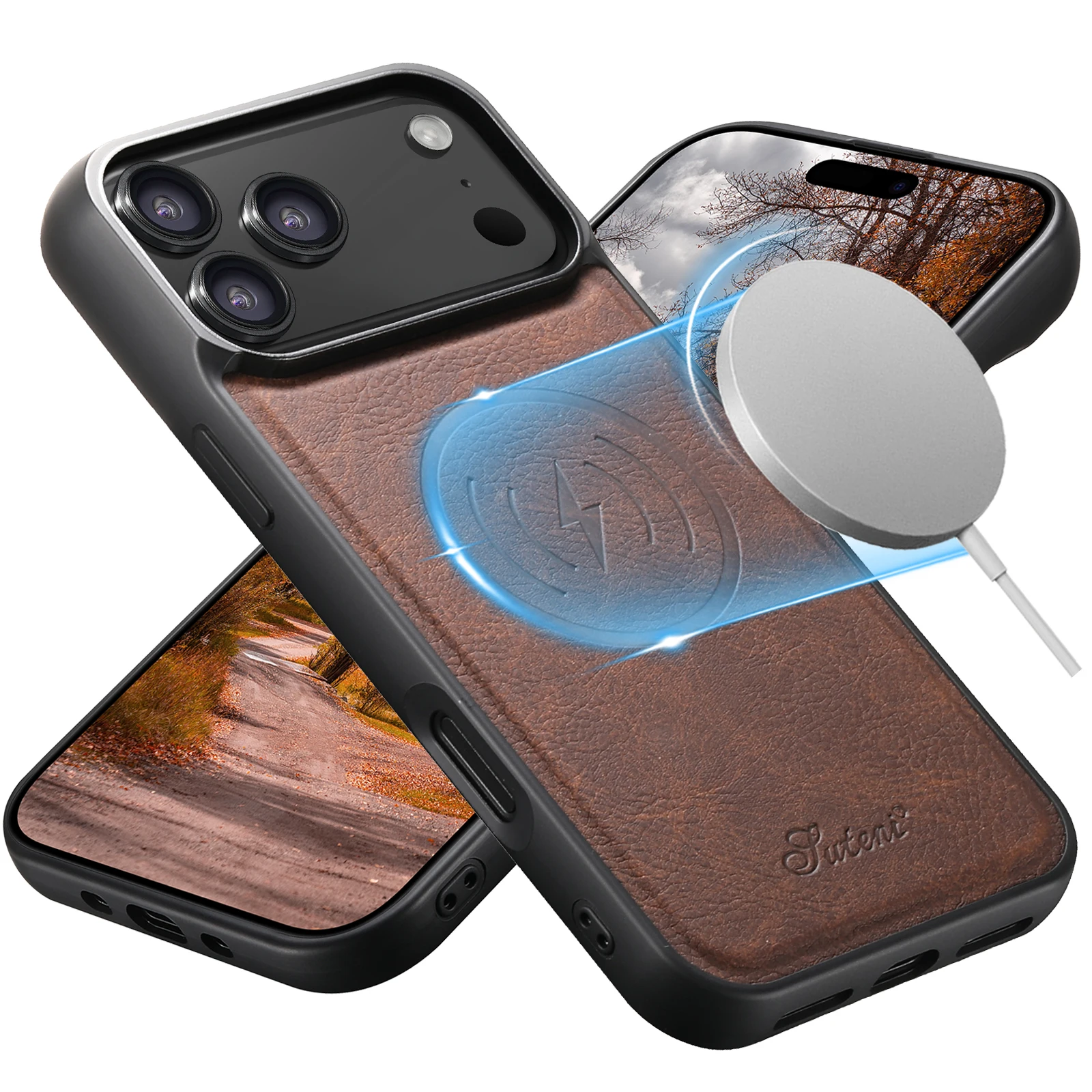 SUTENI Lichee Pattern Luxury Faux Leather Phone Case Magnet Wireless Charging For iPhone 17 Pro Max 16 Plus 15 14 13 12