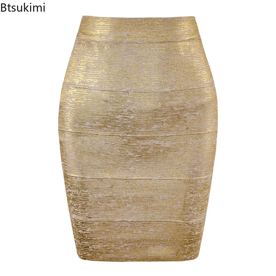 Women Summer Fashion Sexy Gold Bronzing Bandage Skirt 2026 Designer Night Club Bodycon Pencil Skirt Elegant Office Ladies Skirt