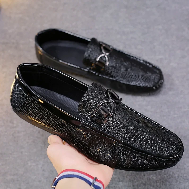 Summer New Men's Crocodile Pattern Casual Shoes Korean Style Trendy Breathable Driving Shoes British Style Fashionable Footwear