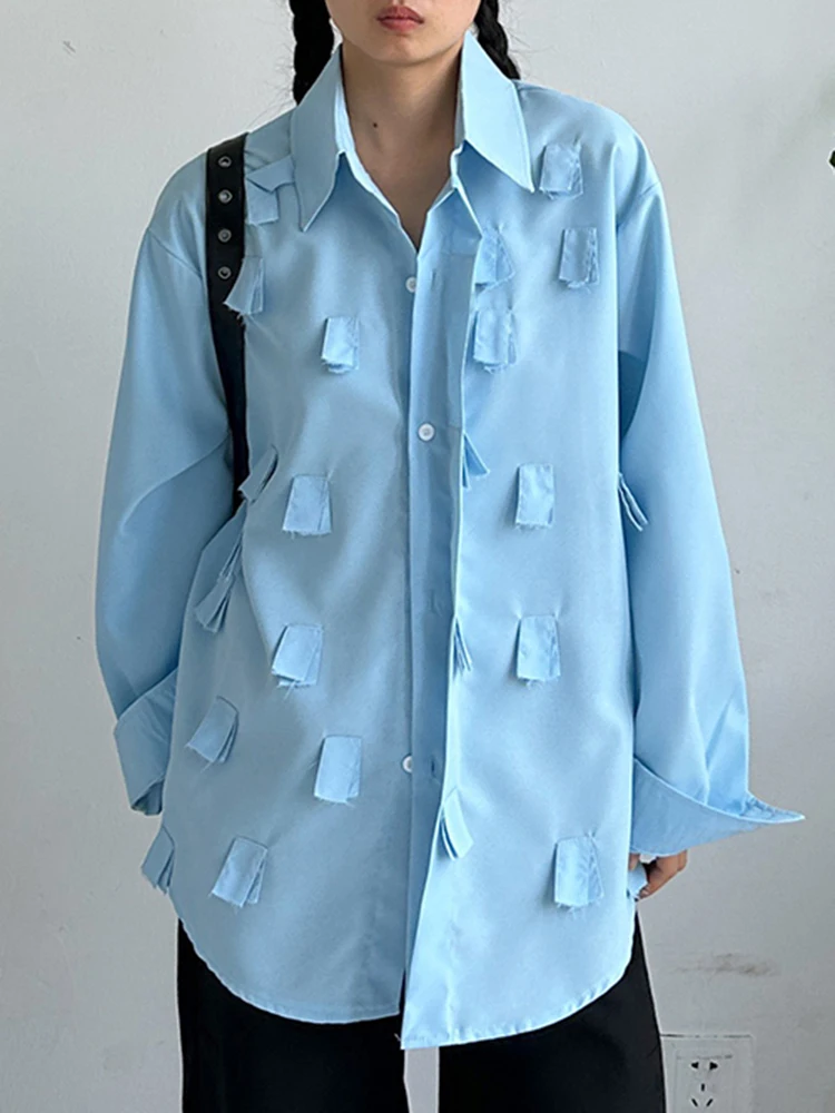 YERMORA White Spliced Tassel Buckle Casual Blouse For Women Lapel Long Sleeve Loose New Shirt Fashion Tide Spring Autumn 2025