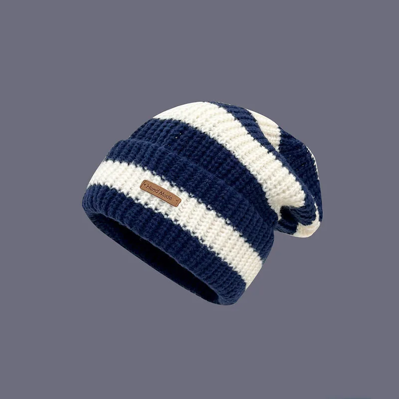 Japanese Vintage Stripe Letter Small Label Stripe Large Edition Woolen Hat Children\'s Warm Autumn and Winter Versatile Knitted P