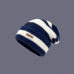 Japanese Vintage Stripe Letter Small Label Stripe Large Edition Woolen Hat Children's Warm Autumn and Winter Versatile Knitted P