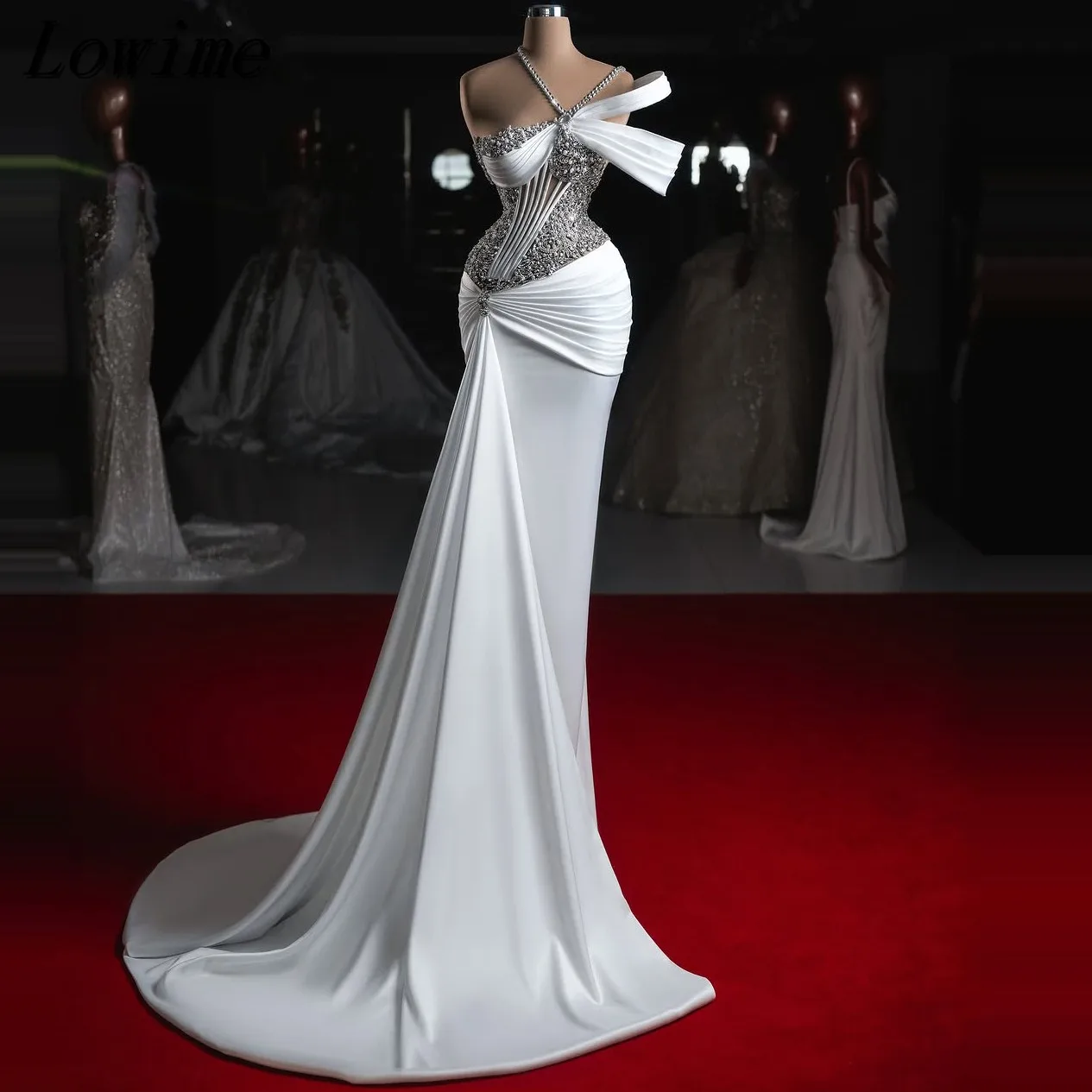 Abito da sposa bianco Dubai Manica a mantella Perle di lusso Abito da sposa a sirena di cristallo con strascico 3D Flora Abiti da Noiva 2024