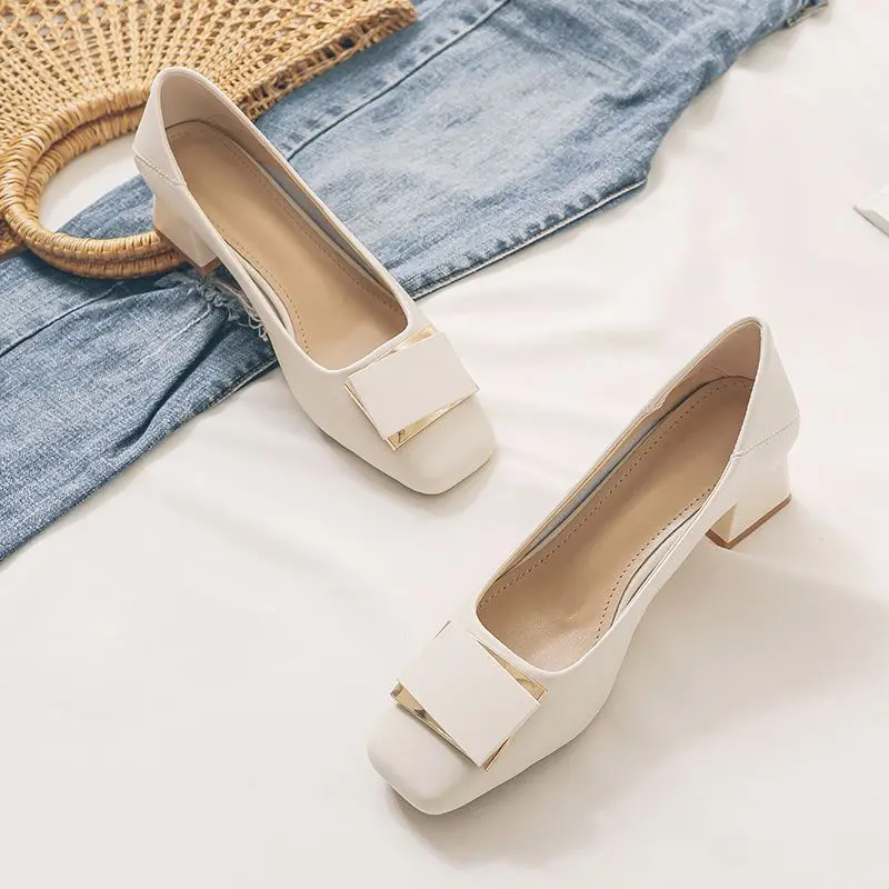 

French Style Chunky Heel Pumps, Women's Pointed Toe Metal Buckle Flats, Soft Leather Work Slip-On Shoes for Office 2026