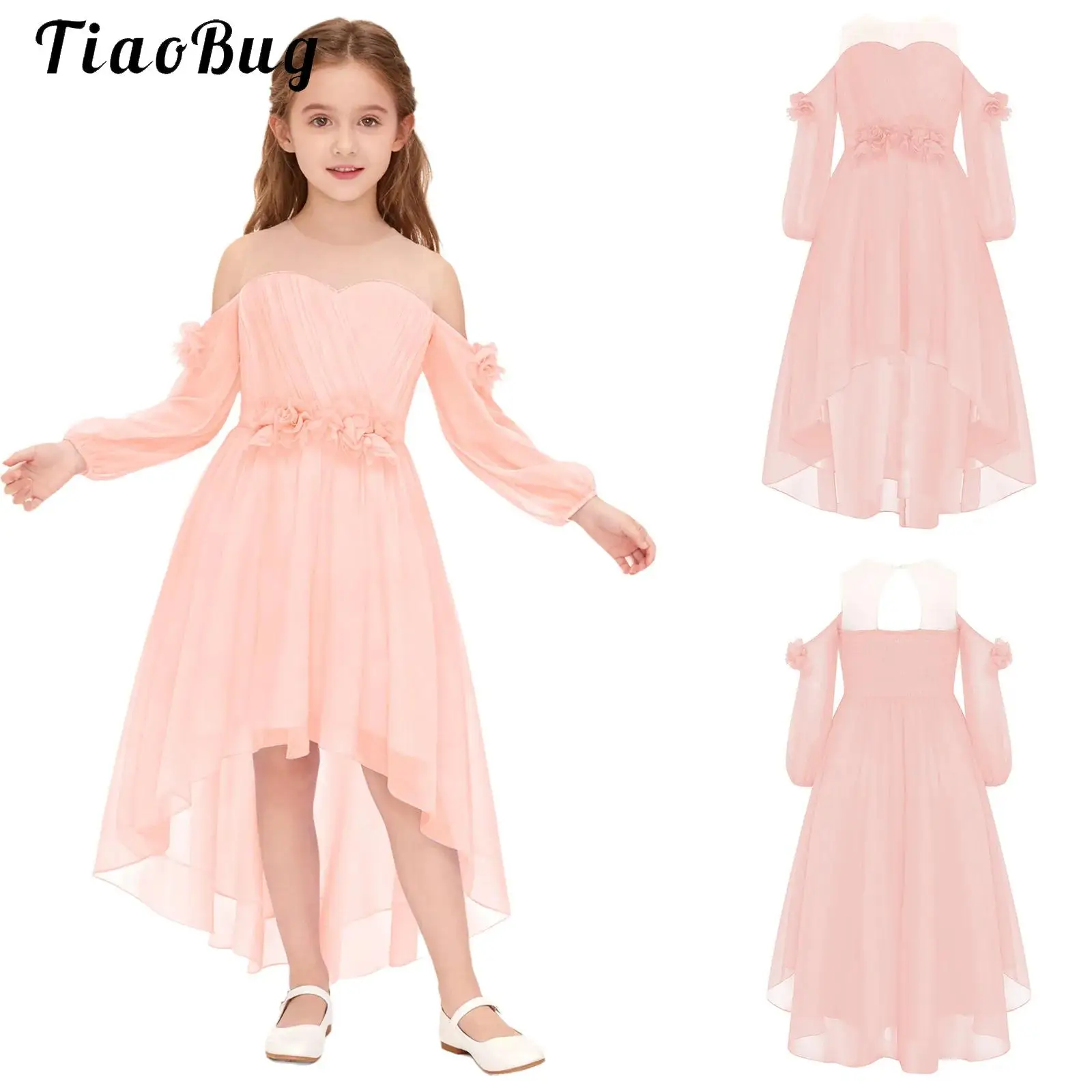 

Girls Chiffon Wedding Princess Party Gowns Cold Shoulder Party Dress Long Sleeve Flower Applique Asymmetrical Prom Ball Dresses