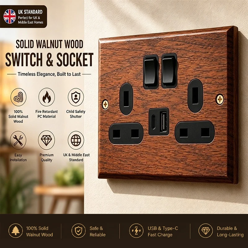 Retro European Wood brass Wall Light switch Power socket,EU FR UK Double Usb Electrical Outlet Household Vintage Toggle Switch