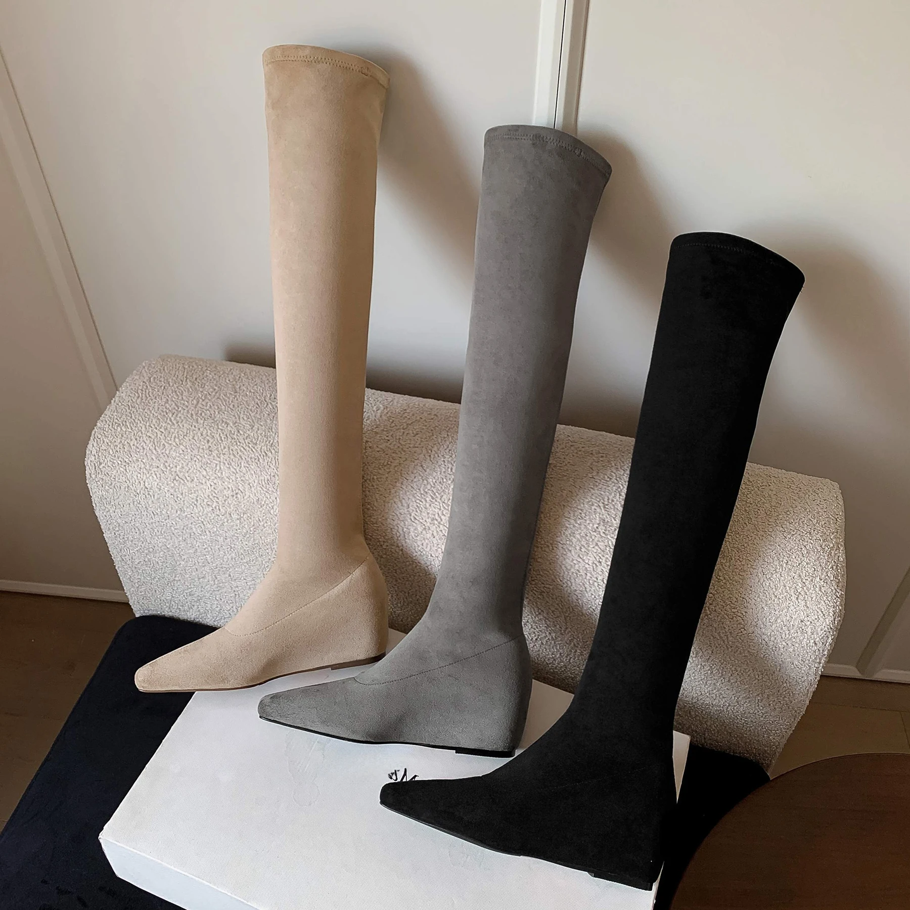 

Krazing Pot Flock High Heels Square Toe Stretch Long Boots Slip On Elegant Modern Ins Beauty Lady Increasing Over-the-knee Boots