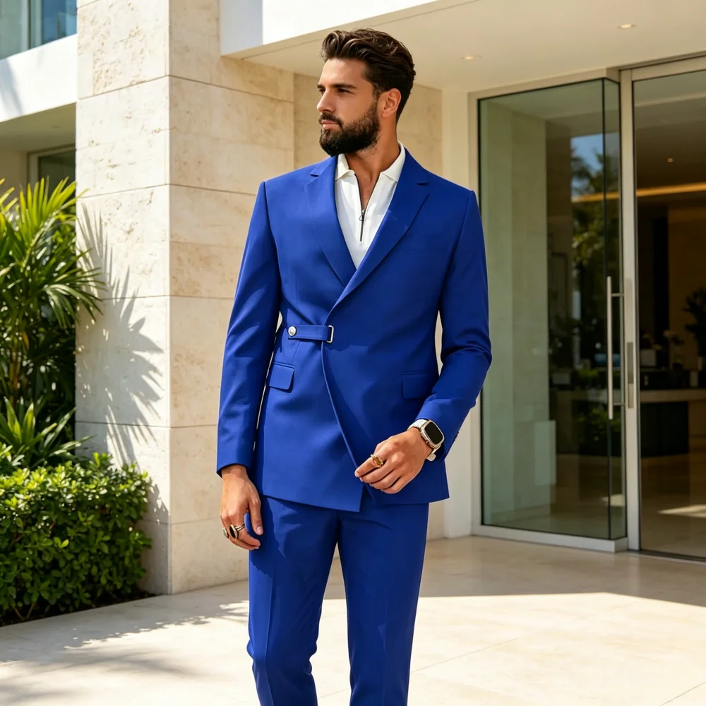 Men's Suits 2 Pieces Set Asymmetric Side Buckle Casual Wedding Dinner Party Gentleman Outfit (Blazer+Pants)