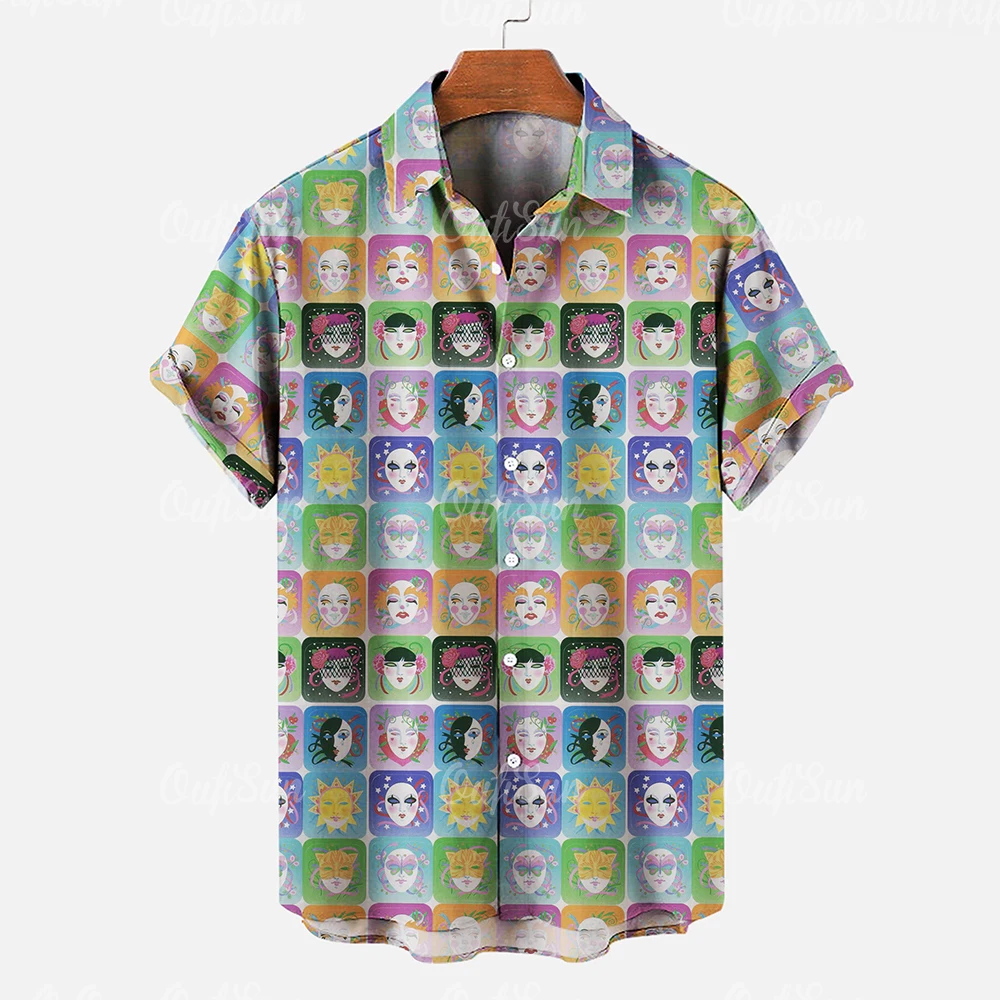 Hawaiian Shirt For Men Summer Short Sleeve Buttons Tops Maya Mask Pattern Print Casual Retro Men\'s Shirts Oversized Clothing