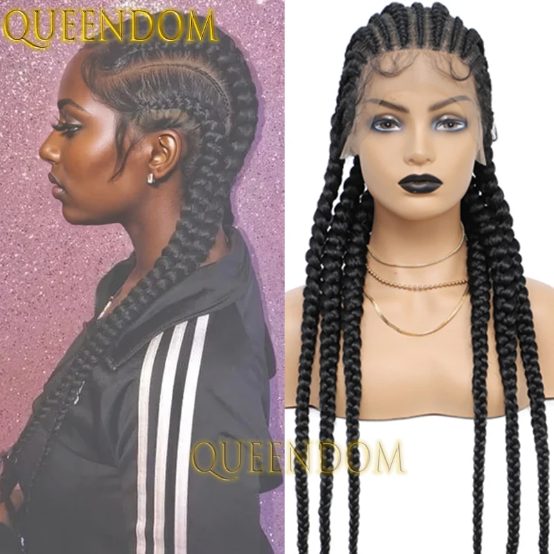 Synthetic 36 Inch Box Braid Wig Full Lace Dutch Twins Braids Goddess Wig for Afro Women Knotless Jumbo Cornrow Plait Braided Wig