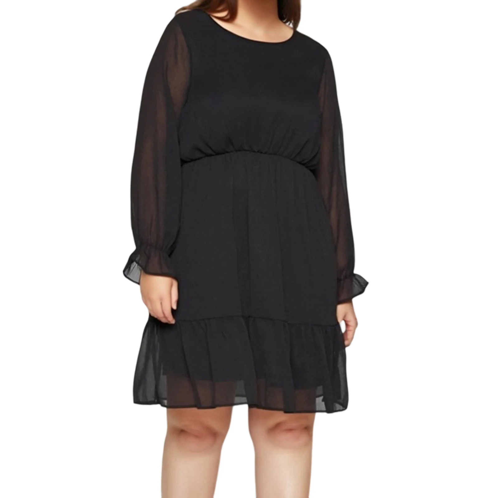 

2025 Summer Women's Plus Size Chiffon Dress Casual Solid Color Elastic Waist Long Sleeve Dresses for Vacation Club Streetwear
